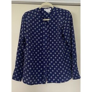 VTG Oscar De La Renta Sz 6 Navy Blue & White‎ Blouse Geometric Print